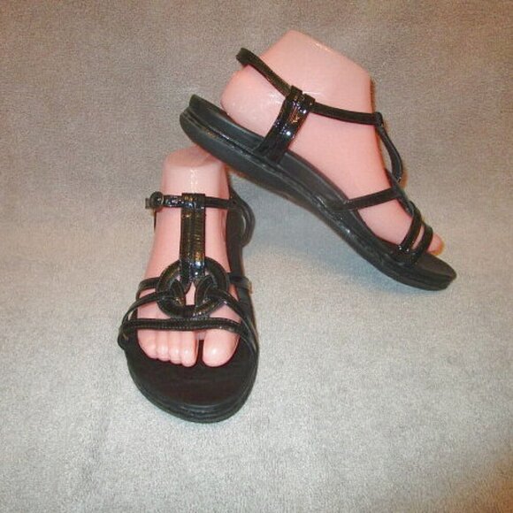 BORN Talica LEATHER Sandals Size 10 ANKLE STRAP Arch ADJUSTABLE Flats TWIST Blac - Picture 1 of 11